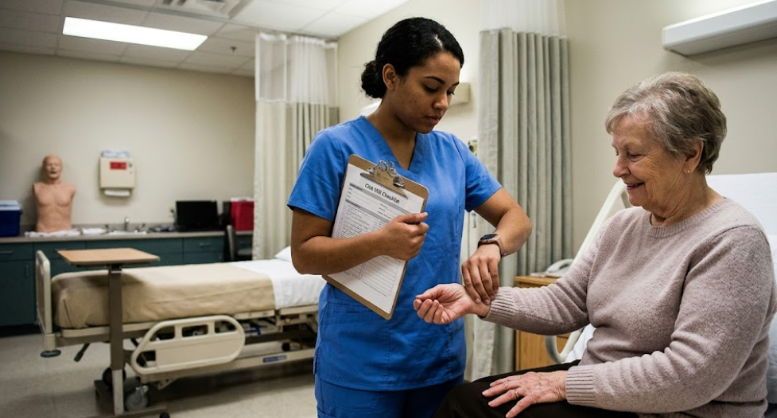 CNA checking patient's pulse