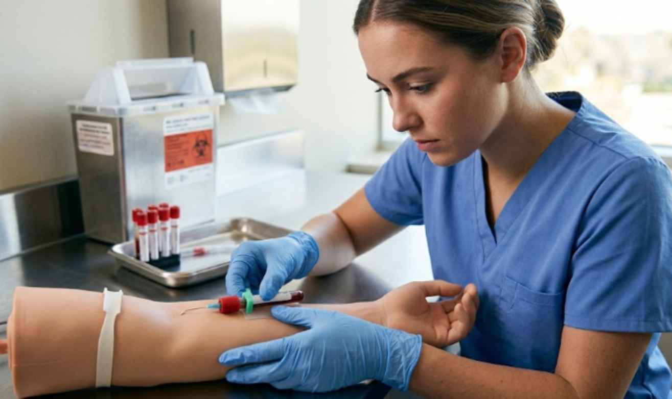Phlebotomy student practicing blood draw