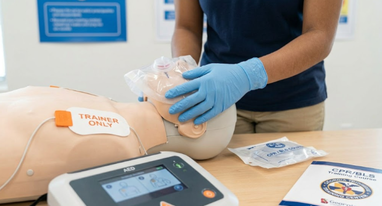CPR training mannequin with AED equipment