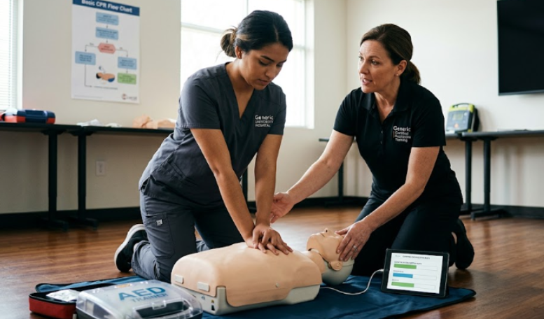 Instructor guiding nursing student through CPR Classes training.