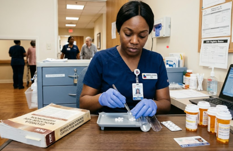 CNA preparing pills with medication certification handbook