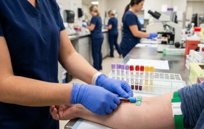 Phlebotomist drawing blood in medical laboratory.