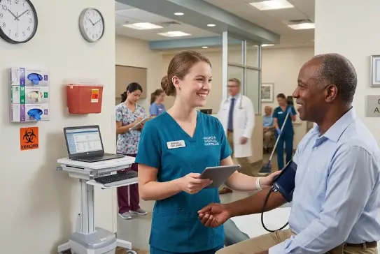 Medical assistant checking patient vital signs in clinic.