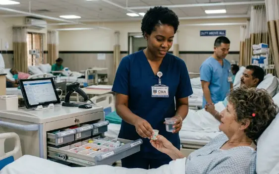 Certified Medication Aide assisting patient.