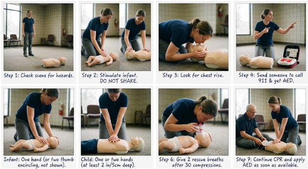 Step-by-step CPR panel sequence for infants and children