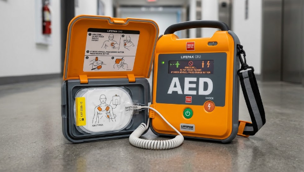Real automated external defibrillator (AED) device with pads