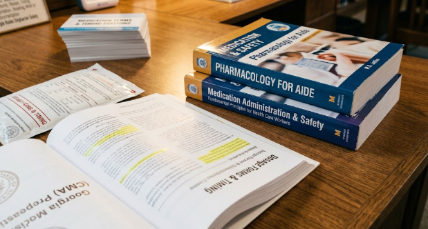 Medication aide study books open on wooden desk