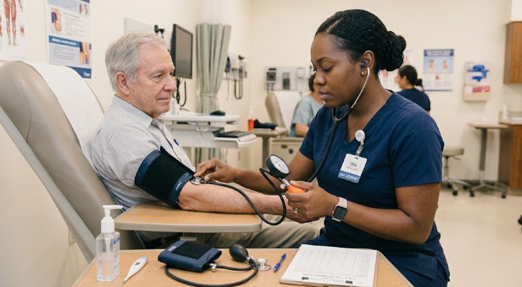 CNA student measuring an elderly patient's blood pressure.