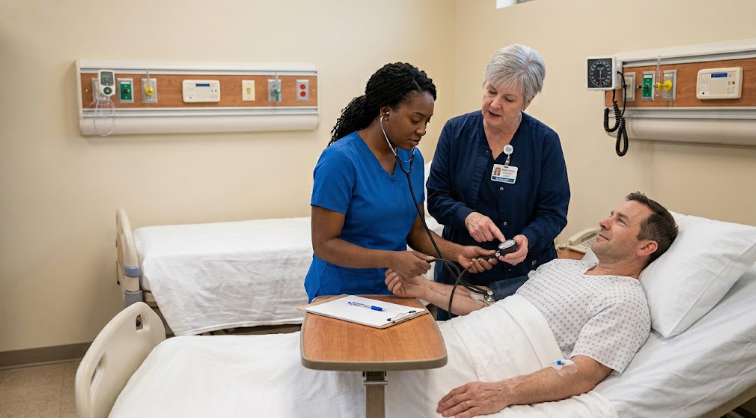 Instructor guiding student for patient care during CNA Classes in Atlanta.