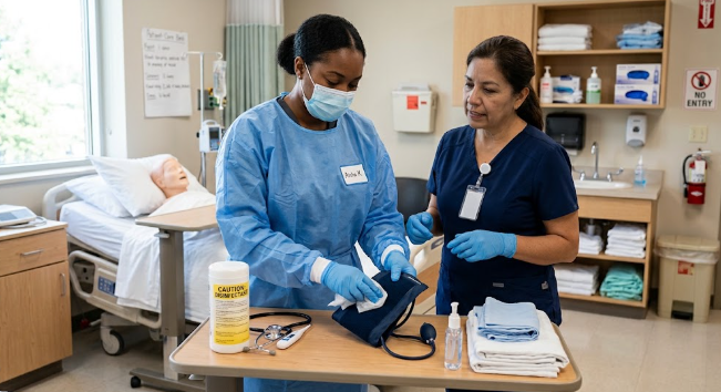A CNA student sanitizes medical equipment during training.