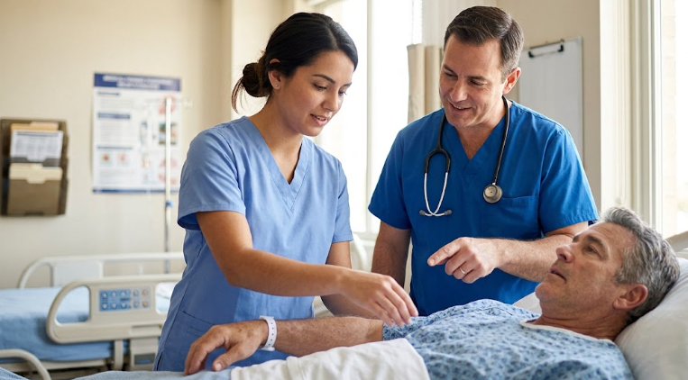 Instructor guides a healthcare student examining a patient.