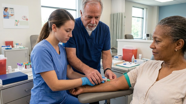 Instructor guides phlebotomy student during training.