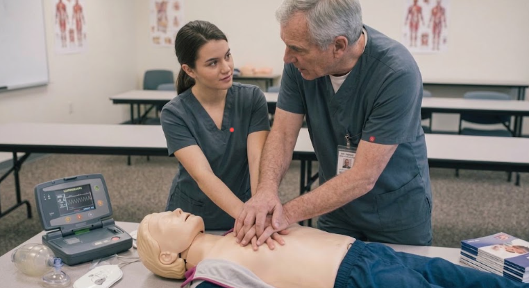 Instructor guiding female student performing CPR on a training mannequin.