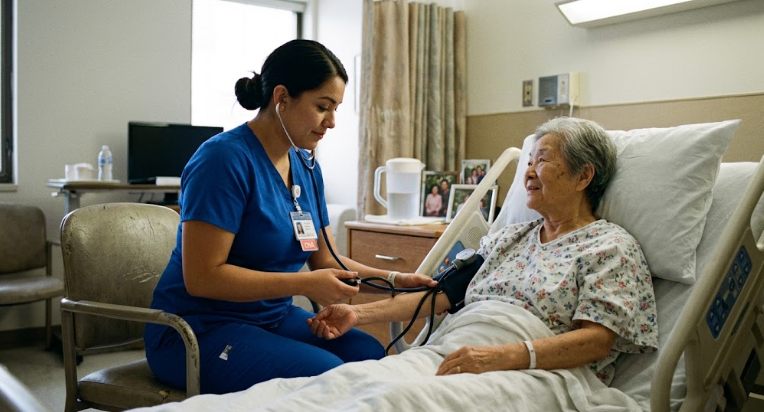 CNA assisting patient with daily healthcare needs.