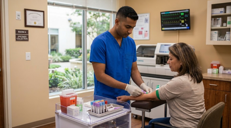 Phlebotomist collecting blood sample from patient.