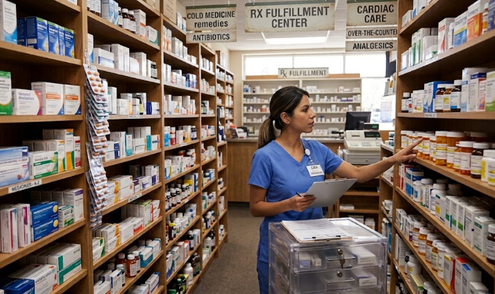 A medication aide preparing patient medications safely.
