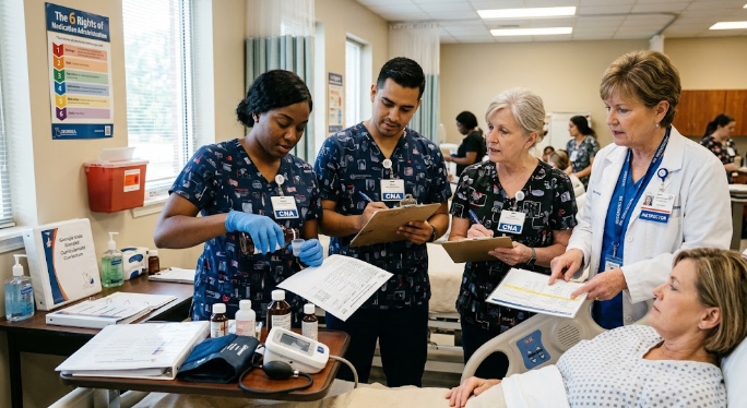 Certified medication aide students practice clinical skills in lab with a patient.