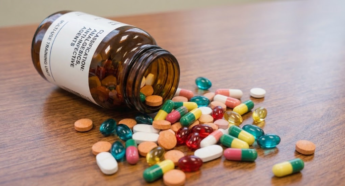An open test medicine bottle spilled colorful tablets on wooden table.