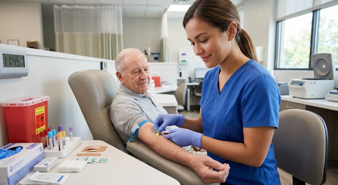Professional phlebotomist in scrubs performing a patient blood draw.