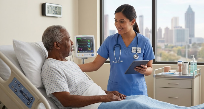 Female patient care assistant helping senior hospital patient.