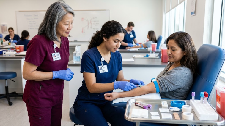 Certified Phlebotomy Technician student practicing on patient.