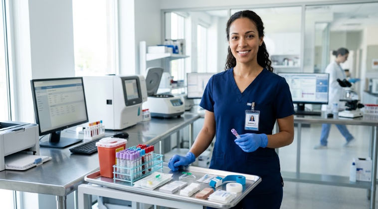 Confident Certified Phlebotomy Technician working in lab.