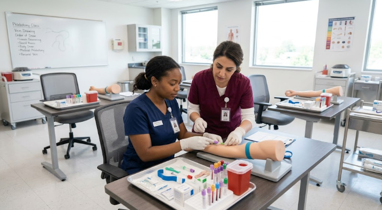Instructor guiding Certified Phlebotomy Technician student hands-on.